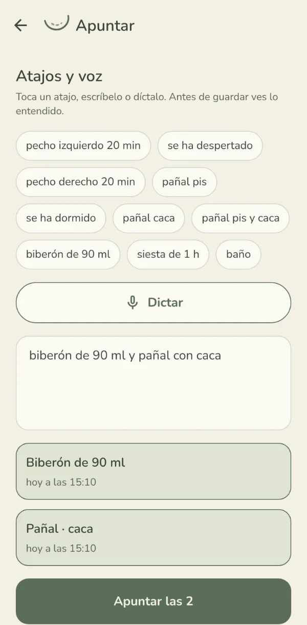 «Atajos y voz» en MelonApp, con «biberón de 90 ml y pañal con caca» ya leído: Biberón de 90 ml y Pañal · caca, y el botón «Apuntar las 2».